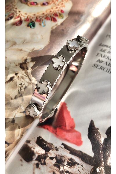 Aurora Steel White Clover Handcuff Bracelet
