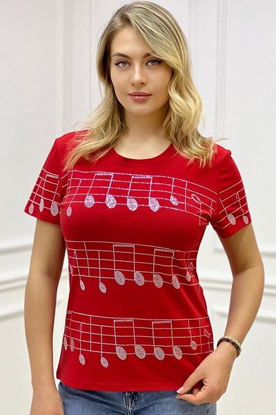 RICH GLAM Red Stylish Plus Size Crystal Jewelled Crew Neck T-shirt