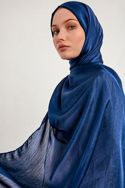 Saless Hijab Women's Janjan Crinkle Evening Dress Shawl-Navy Blue- 70X190Cm