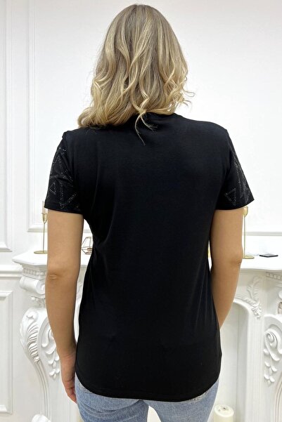 RICH GLAM GeomeTric PaTTerned CrysTal SToned BlacK Women's T-shirt - Crew NecK, ShorT Sleeve, CoTTon