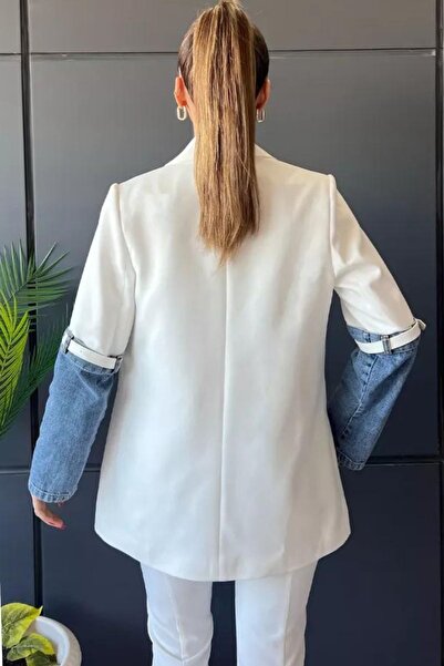 trendalisse White Blazer Jacket - Denim Garnished and Lined Design