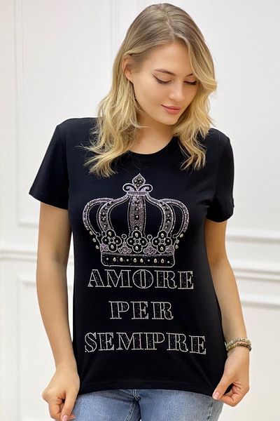 RICH GLAM Plus Size STylish Crown PaTTerned CrysTal Plus Size T-shirt - ComforTaBle BlacK ShorT Sleeve