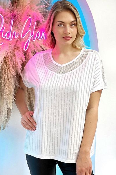 RICH GLAM Comfortable Fit Mesh Detailed Large Size Crystal Stone Printed Cotton Women's T-shirt