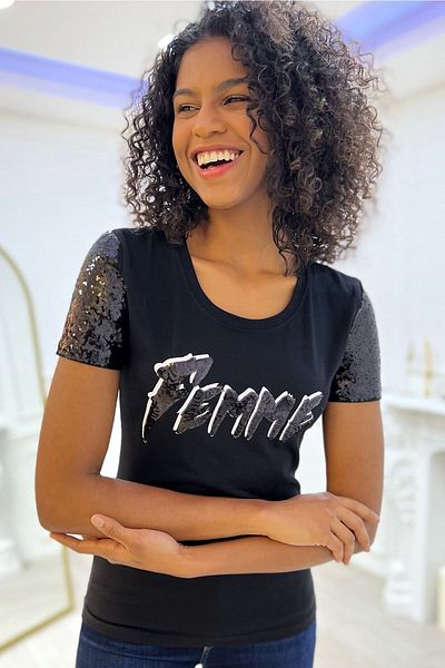 RICH GLAM Tricou de damă din bumbac cu paiete cu gât - Scris