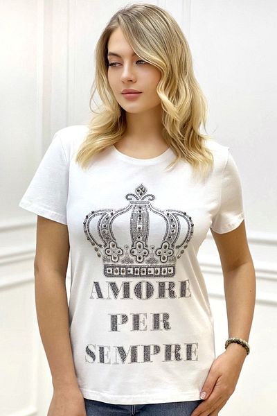 RICH GLAM large Size CrysTal Jewelled White Crown Patterned Women's Short Sleeve T-shirt