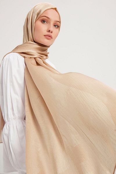 Saless Janjan Detailed Crinkle Hijab Evening Shawl - Beige, 70X190Cm