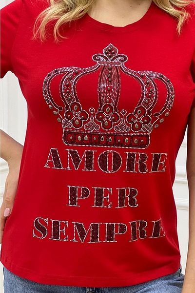 RICH GLAM Red Plus Size Crown PaTTerned CrysTal STone ComforTable ShorT Sleeve Women's T-shirt