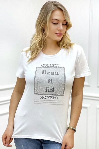 RICH GLAM Plus Size - BlacK CoTTon ShorT Sleeve T-shirt wiTh CrysTal STone DeTail