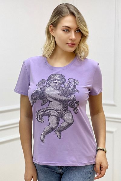 RICH GLAM Angel Crystal Stone Crew Neck Plus Size Stylish Cotton Women's T-Shirt