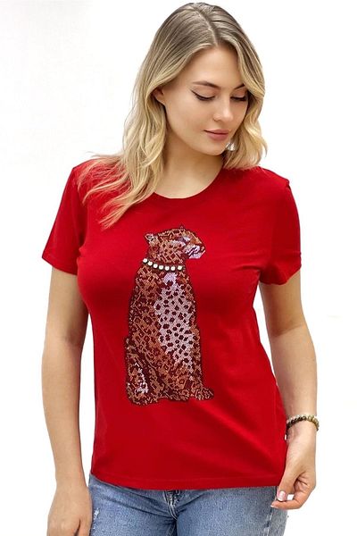 RICH GLAM Red STylish Large Size Tiger CrysTal STone Regular FiT Plus Size Women's T-shirt