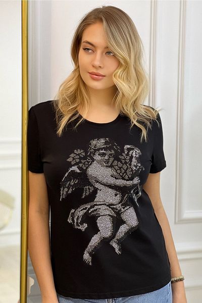 RICH GLAM Angel Crystal Stone Black Crew Neck Large Size Stylish Cotton Women's T-Shirt