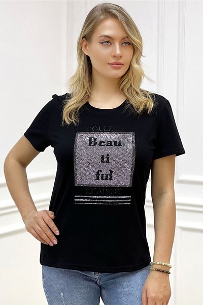 RICH GLAM Plus Size - BlacK CoTTon ShorT Sleeve T-shirt wiTh CrysTal STone DeTail