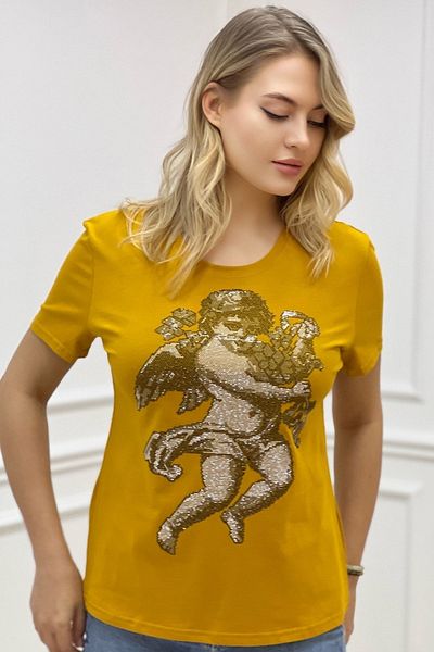 RICH GLAM Angel Crystal Stone Crew Neck Plus Size Stylish Cotton Women's T-Shirt