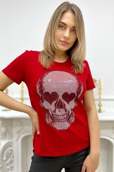 RICH GLAM Skull Crystal Stone Red Large Size Cotton Women's T-shirt