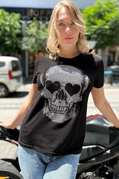 RICH GLAM Large Size Black Cotton T-shirt - Skull Crystal Stone Detailed