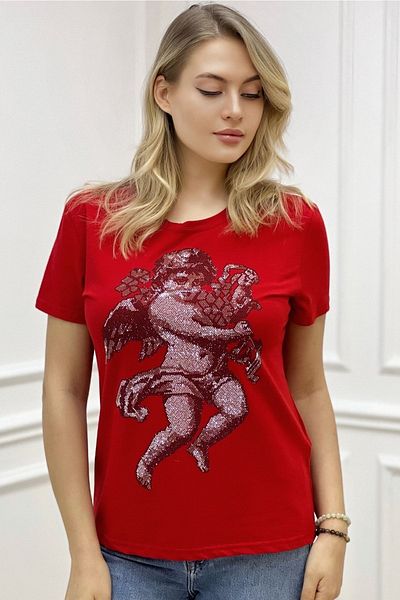 RICH GLAM Angel Crystal Stone Red Crew Neck Large Size Stylish Cotton Women's T-Shirt