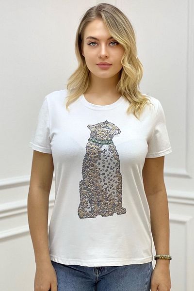 RICH GLAM large Size WhiTe Jewelled Tiger CrysTal Regular FiT Women's T-shirt