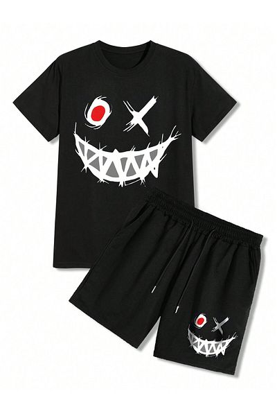 modaberry Black SmilinG Face T-Shirt and Shorts - Printed Crew Neck T-Shirt and Shorts Set