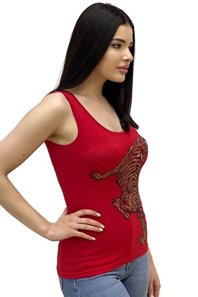 RICH GLAM Leopard Crystal Stone Slim Fit / Slim Fit Cotton Women's Sleeveless Tshirt Thick Strap Tank Top