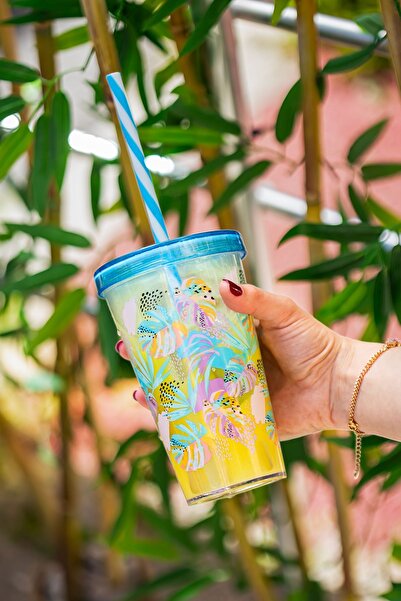 Porsima 161448-011P Leaf Patterned Plastic Cup - 660 cc, with Straw and Leakproof