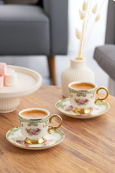 Porsima Ist-169 Yaldızlı 6 Kişilik Porselen Fincan Takımı-yeşil-90 ml