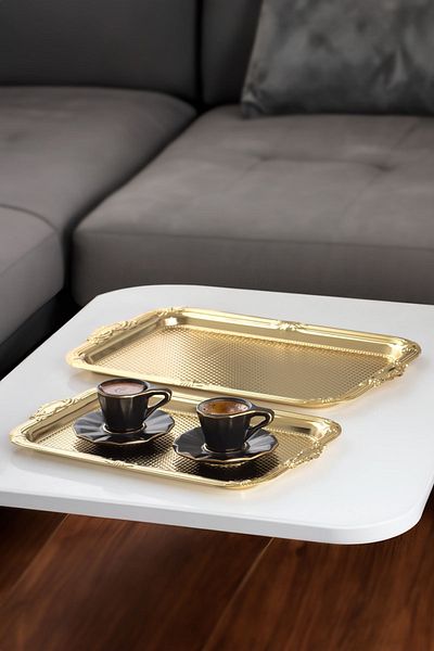 Porsima 3332 Stainless 2-Piece Rectangular Steel Tray Gold - Tea Coffee Food Presentation Serving Tray Set