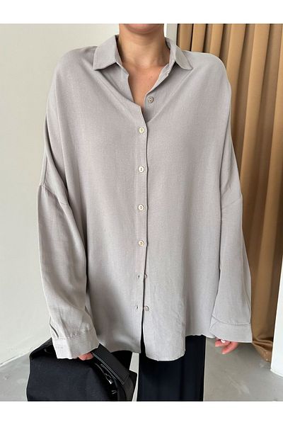 Laluvia Graues Leinen-Oversize-Shirt - schulterfrei