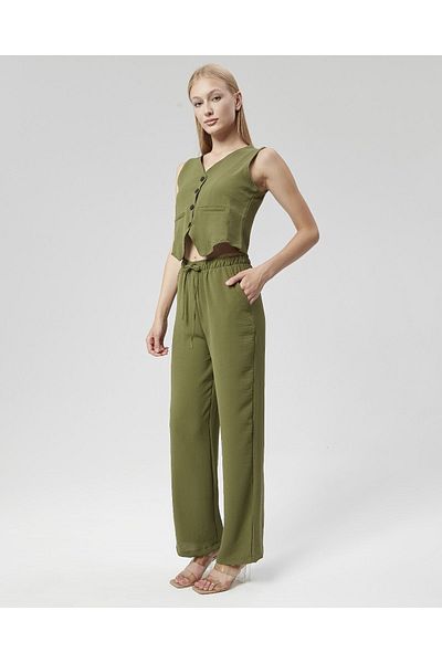 Nuseel Khaki Linen Double Set - Women's Set with Vest