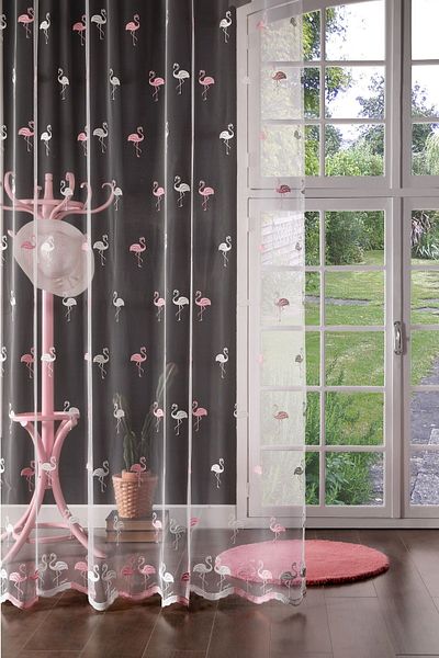 MAGİZA Flamingo Patterned Tulle Curtain - Don't Want Ironing, 1e/2layer Sparse Pleat, for Living Room and Kitchen Balcony and Children's Rooms