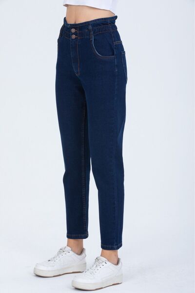 SHEVEGA Navy Blue Large Size Lycra Elastic Waist Button Detailed Mom Jean Jeans