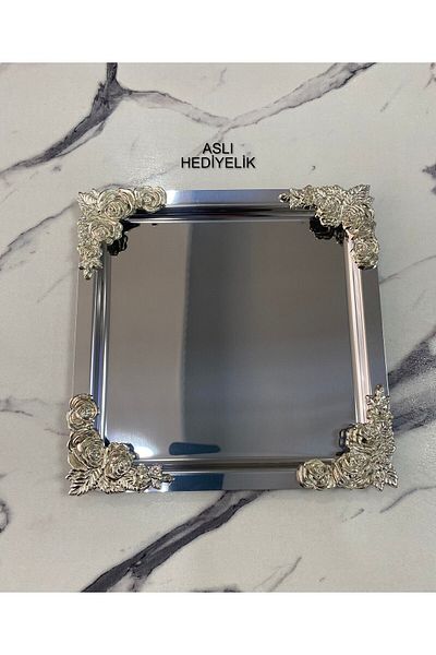 Aslı Hediyelik Luxury Silver Flower CoatinG - 4 Corner Presentation Tray, Tea, Coffee, Treat ServinG, 21x21