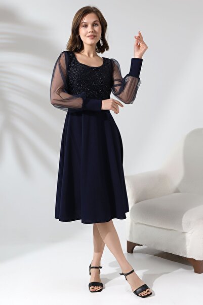 Fasmia Lacivert Simli Yuvarlak Yaka Elbise F119