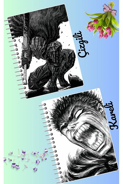 animeandyourworld طقم دفتر أنيمي Berserk 2 قطعة مقاس A4 21*30 مخطط + مربعات 60 سيف