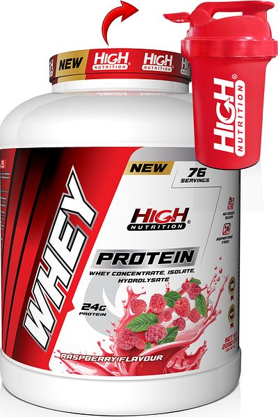 High Nutrition Raspberry Flavored Whey Protein - 2280 gr, 24 grams, 76 Serving Shakers Gift