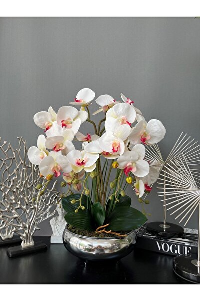 LİLOTEHOME Yapay 5 Dallı Pembe Tomurcuklu Islak Orkide Aranjman Gümüş Renk Ur...