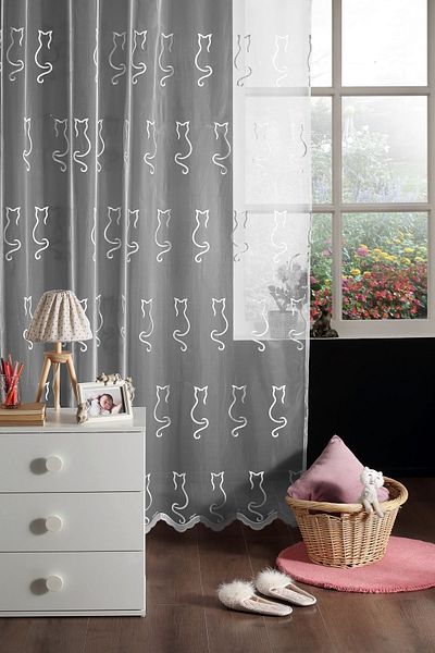 MAGİZA Cat Patterned Tulle Curtain - Don't Want Iron, 1-2 Layers Sparse Pleat, Suitable for Living Room and Kitchen Balcony and Children's Rooms
