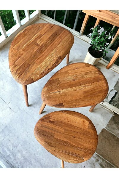 FAVdecor Masif Doğal Ahşap Yağlı Zigon Sehpa 3'lü Set, Ceviz Orta Yüzyıl Modern Yan Sehpa