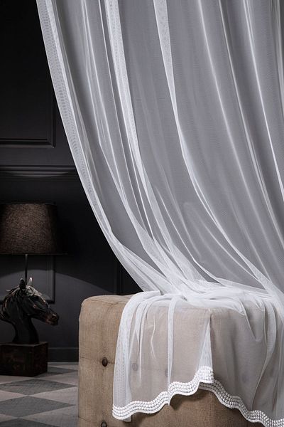 MAGİZA White Patterned Tulle Curtain - Skirt Does Not Want Iron, 1e 2.5layer Normal Pleat, Suitable for Living Room, Kitchen, Balcony and Rooms