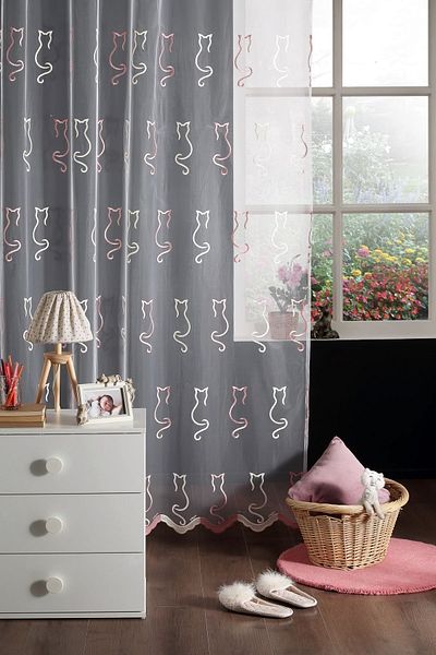 MAGİZA Cat Patterned Tulle Curtain - Don't Want Iron, 1e-2.5layer, Suitable for Living Room and Children's Room