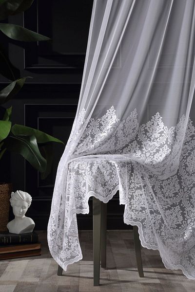 MAGİZA Damask Patterned Tulle Curtain - Don't Want Iron, 1e-2,5-layer Normal Pleat, Suitable for Living Room, Kitchen, Balconies and Rooms