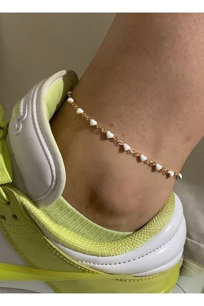 azra takı tasarım White Heart Figured Women's Handmade Anklet