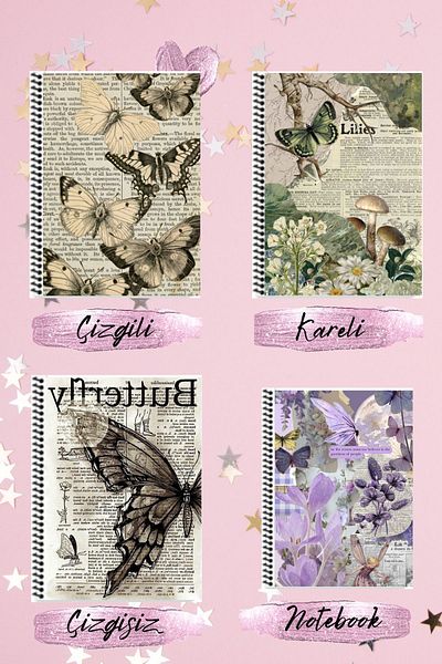 animeandyourworld Butterfly vintage notebook set A4 notebook striped + checkered + unlined + A5 notebook