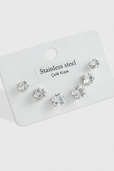 Bijuteri Net 6 Pieces Large Square Zircon Single Stone Steel Earrings