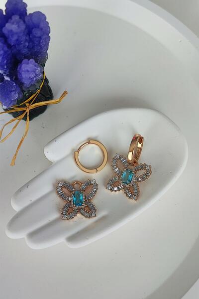 Kristal Taşlı Mavi renkli Kelebek Model Çelik Küpe-Altın Renk