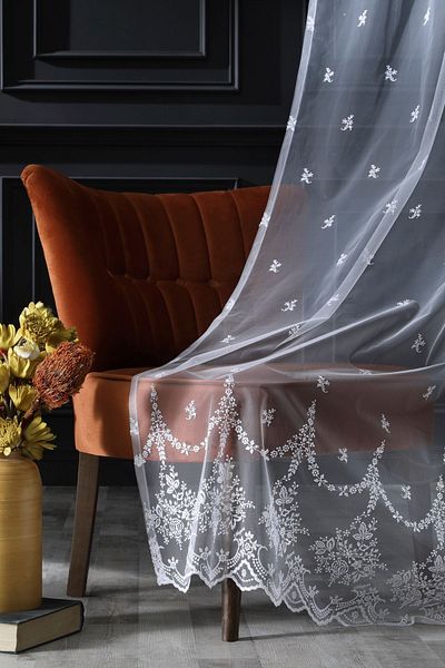 MAGİZA White Patterned Tulle Curtain - Don't Want Ironing, 1e/2layer Sparse Pleat, Suitable for Living Room, Kitchen, Balcony and Children's Room