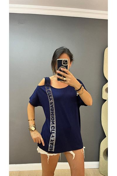 citycenterfashion Plus Size One-Shoulder Stone Detailed City Fashion Blouse - Low Sleeve cty-cnd-06