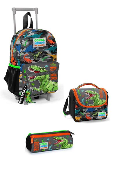 Coral High Set de genți din 3 piese cu model de dinozaur negru gri - cu racletă pentru cuib mic, două compartimente 3SET24044