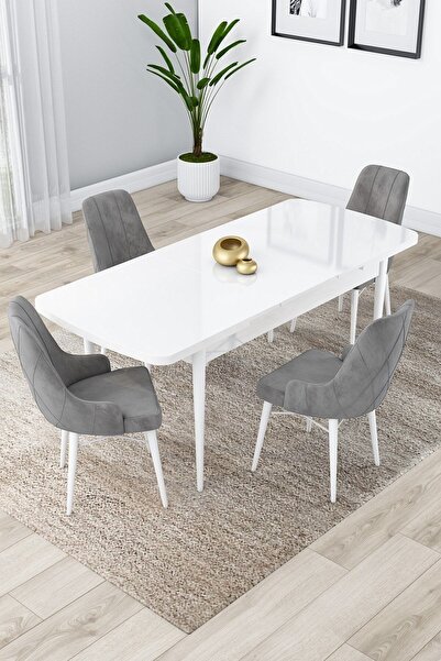 Canisa Lia Serisi 80x132 Açılabilir Mutfak Masası Takımı Beyaz Masa 4 Gri Sandalye