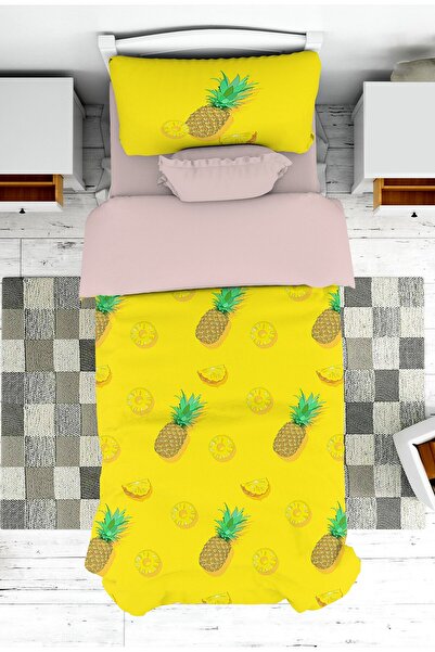 linazaitun Yellow Pineapple Patterned Young Children's Bedspread and Pillowca...