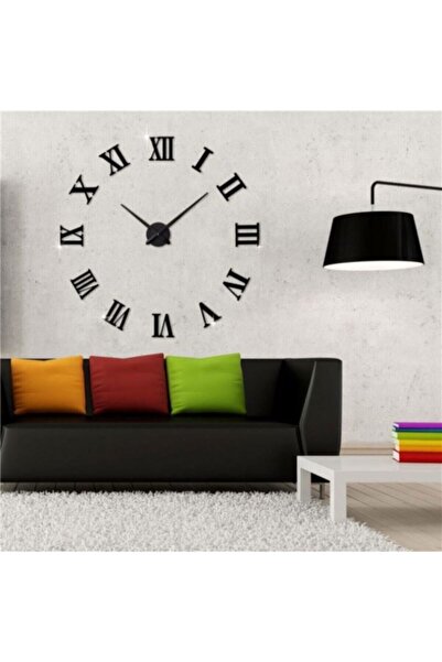 Platin Saat 3d Siyah Büyük Boy Roma Rakamlı Yapışkanlı Duvar Saati